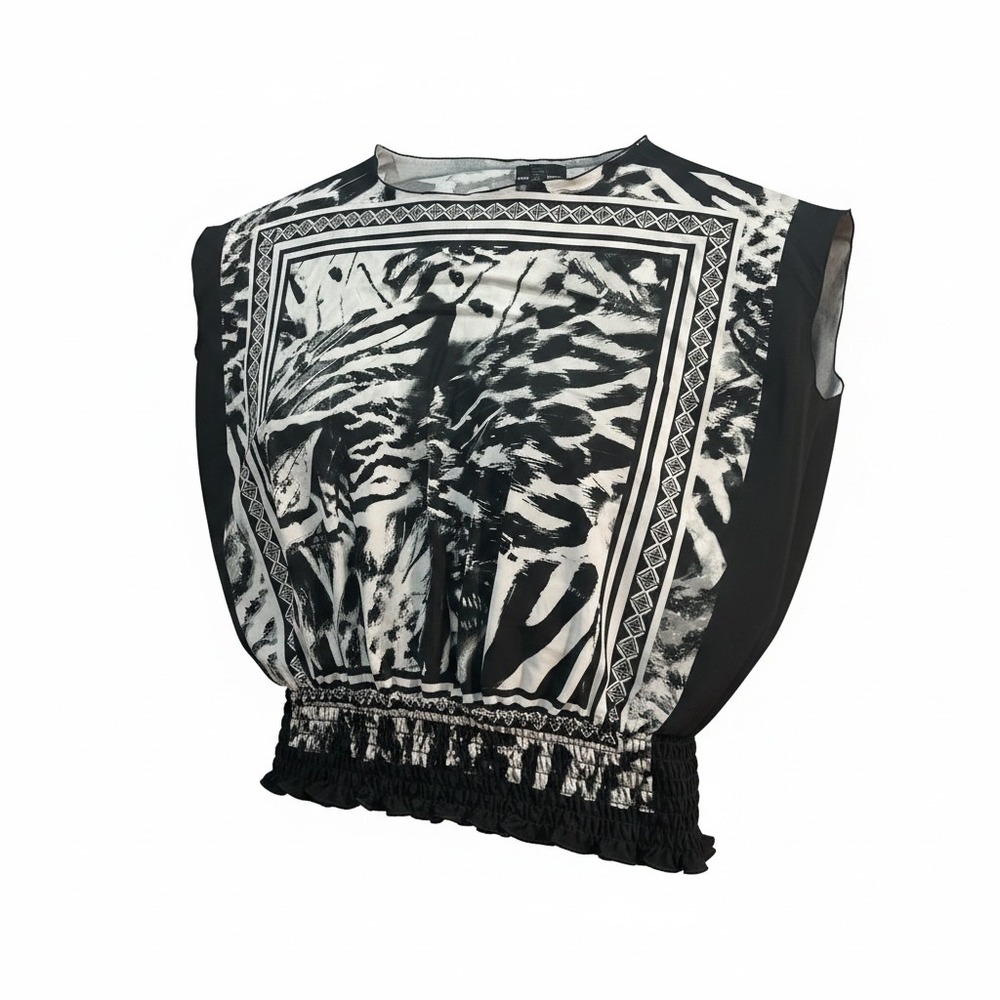 Isabella Rodriguez Black White Abstract Animal Print Smocked Waist Blouse 1X